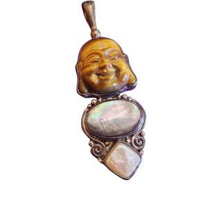 Vintage Sajen 925 Sterling Stunning Tiger Eye Abalone Shell Pendant (A2126)